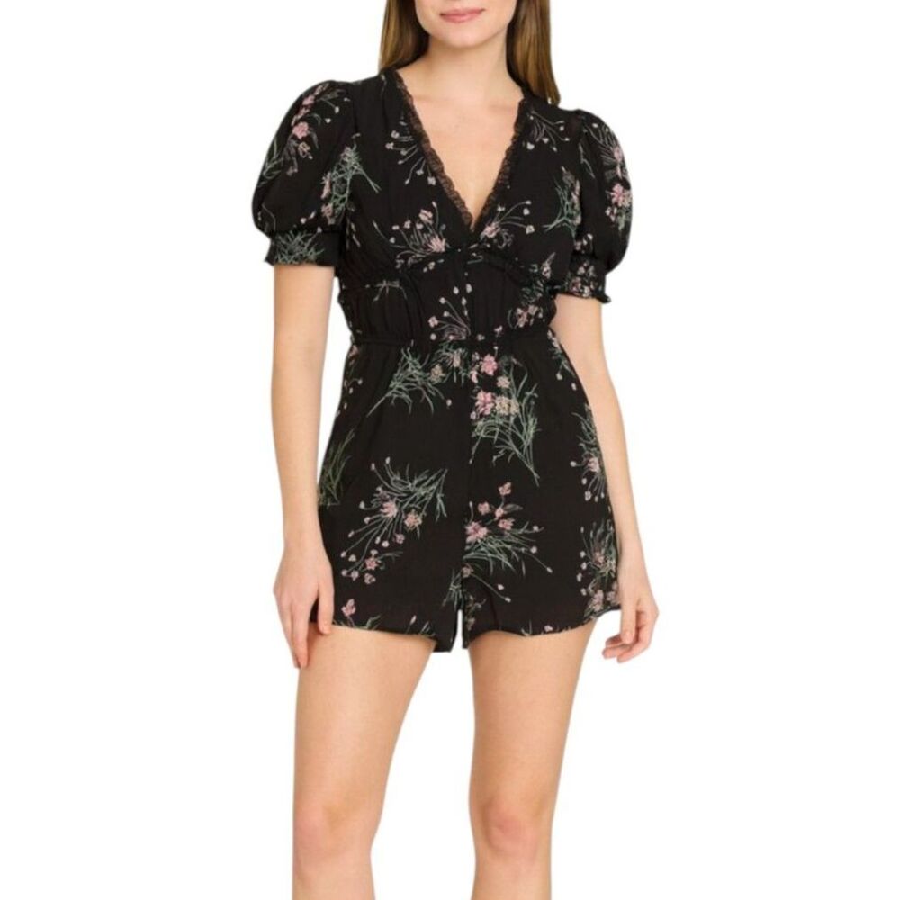 Mi Ami Black Floral Puff-Sleeve Romper | Size Small
